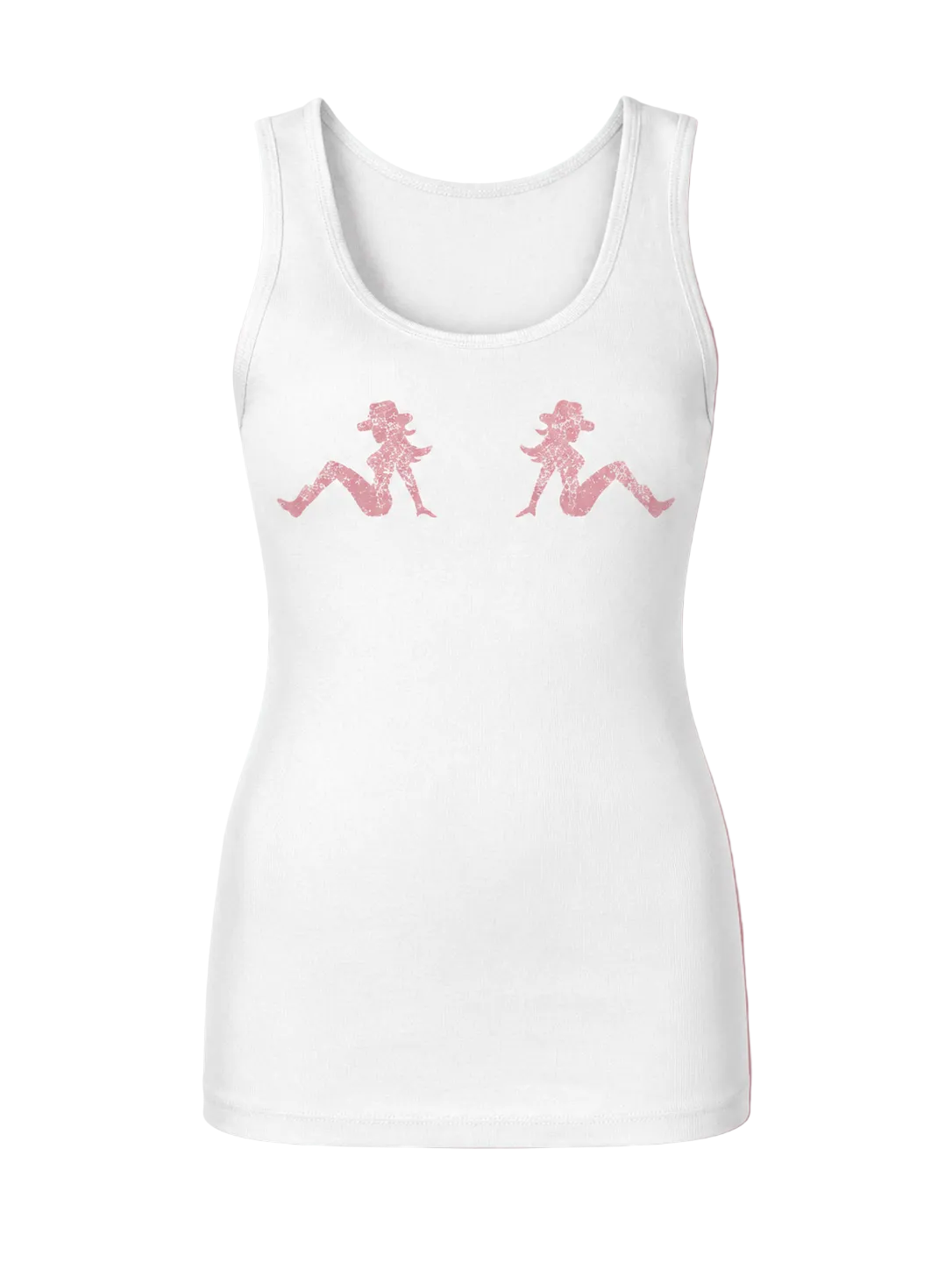 White tank top with pink graphic design on a pink background