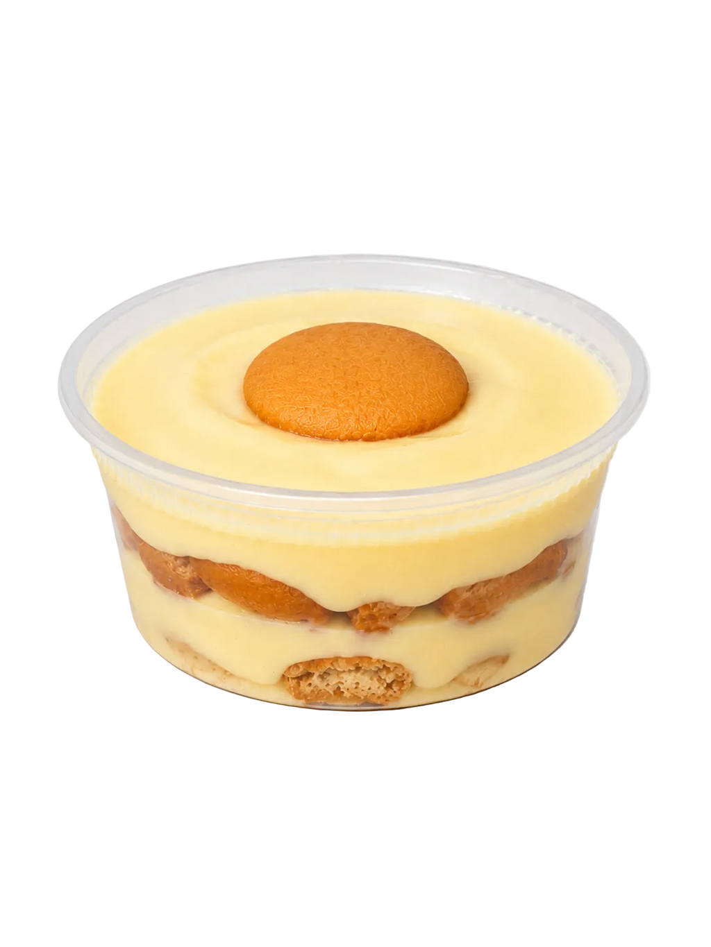 Banana pudding dessert in a clear container with layers of cream and cookies on a light gray background
