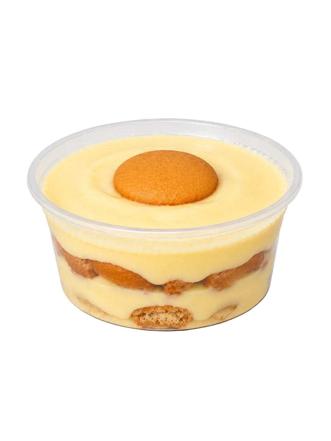 Banana pudding dessert in a clear container with layers of cream and cookies on a light gray background