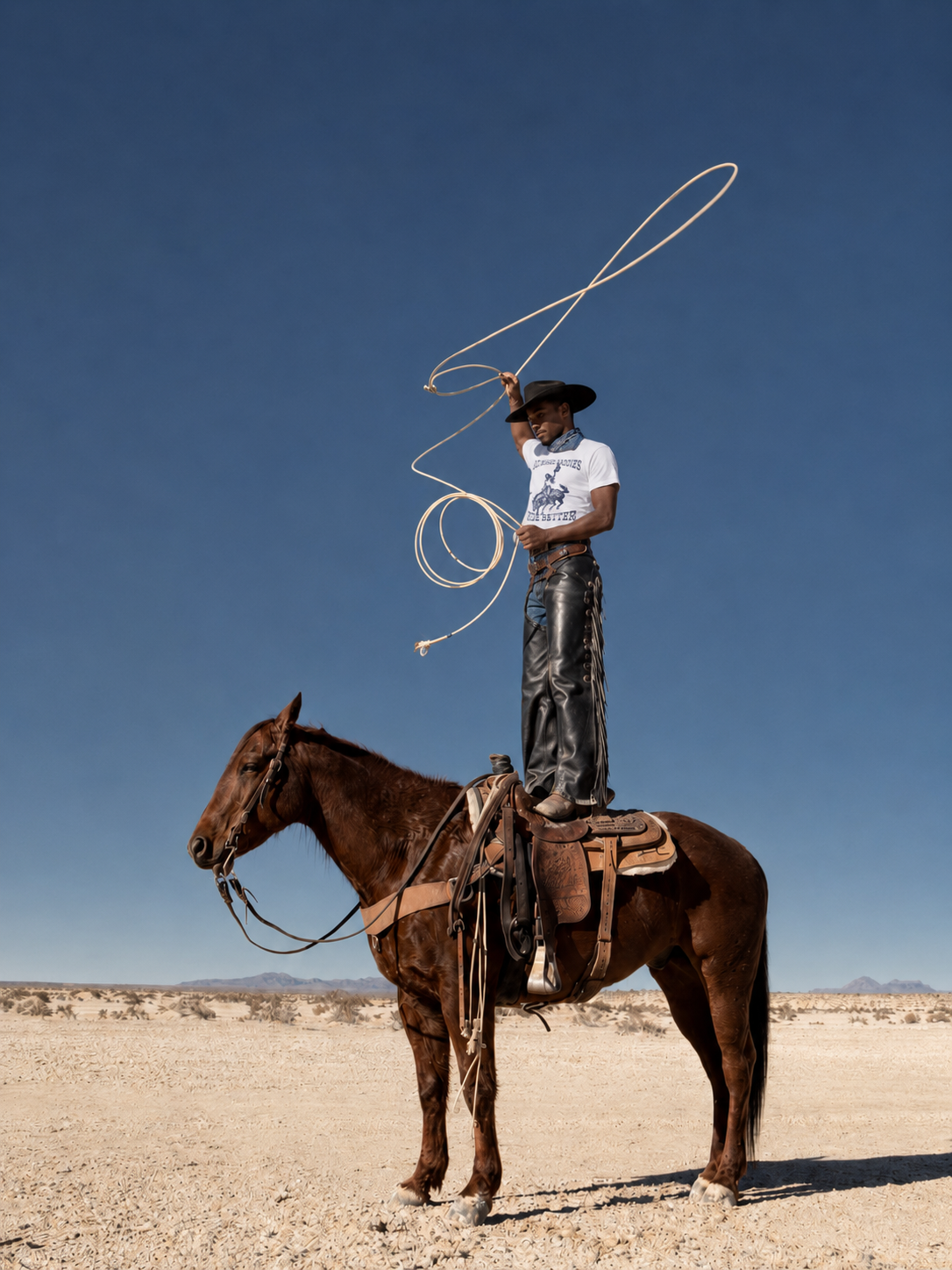 Man on horseback with a lasso against a clear blue sky