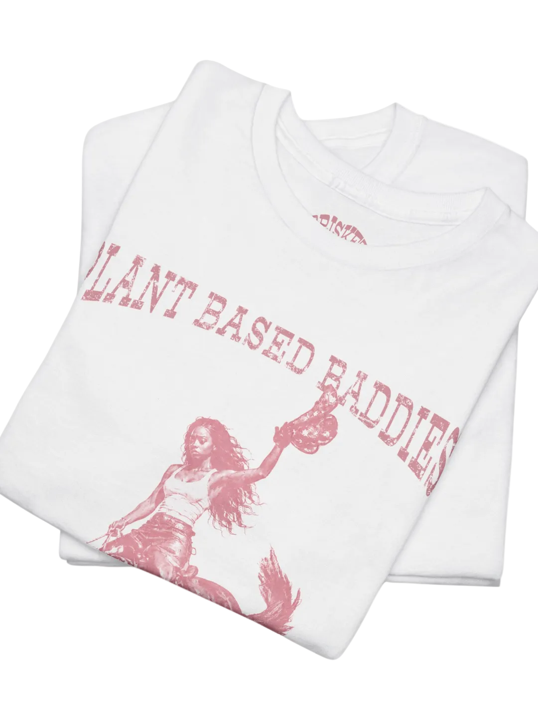 White tshirt with red text and graphic design on a white background