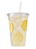 Clear plastic cup with lemon slices and a straw on a white background