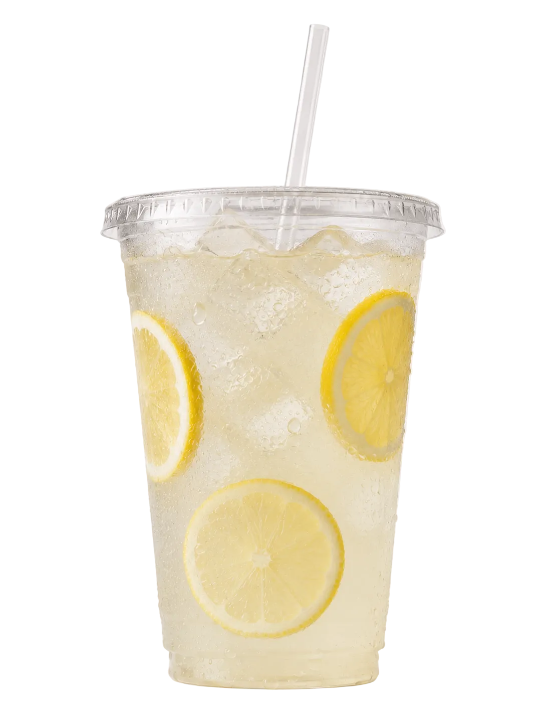 Clear plastic cup with lemon slices and a straw on a white background