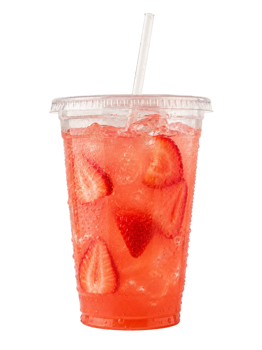 Strawberry iced drink in a clear plastic cup with a straw on a white background