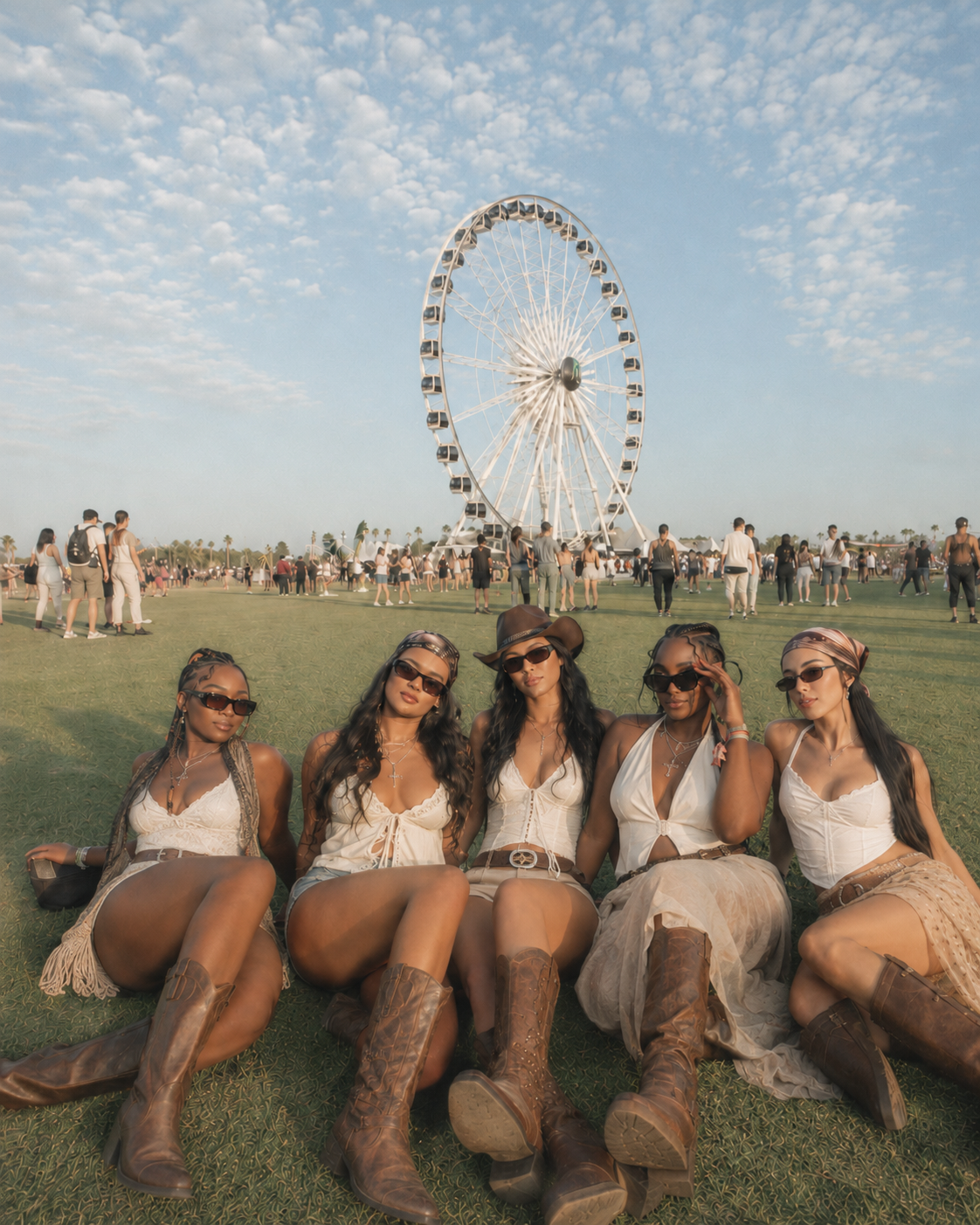 Five women sitting on grass with a Ferris wheel in the background at a festival.