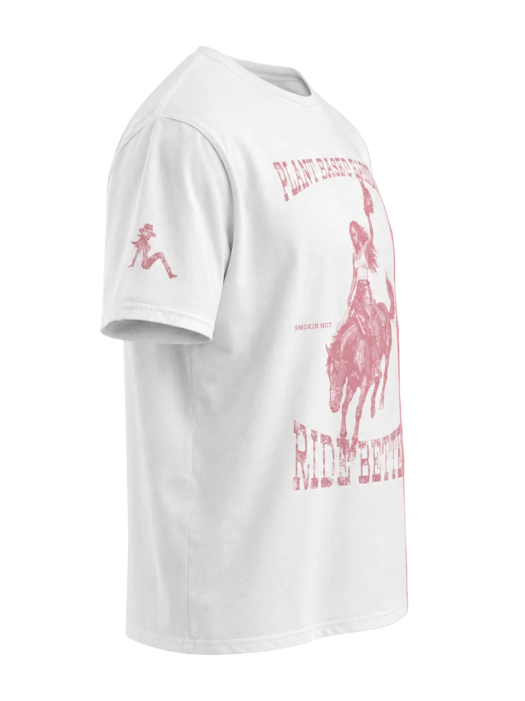 White t-shirt with red graphics and text on a pink background