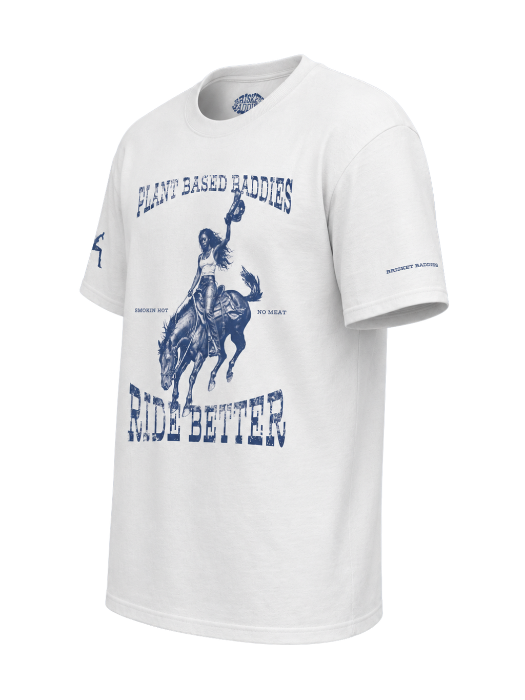 White t-shirt with graphic design and text on a white background