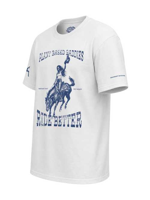 White t-shirt with graphic design and text on a white background