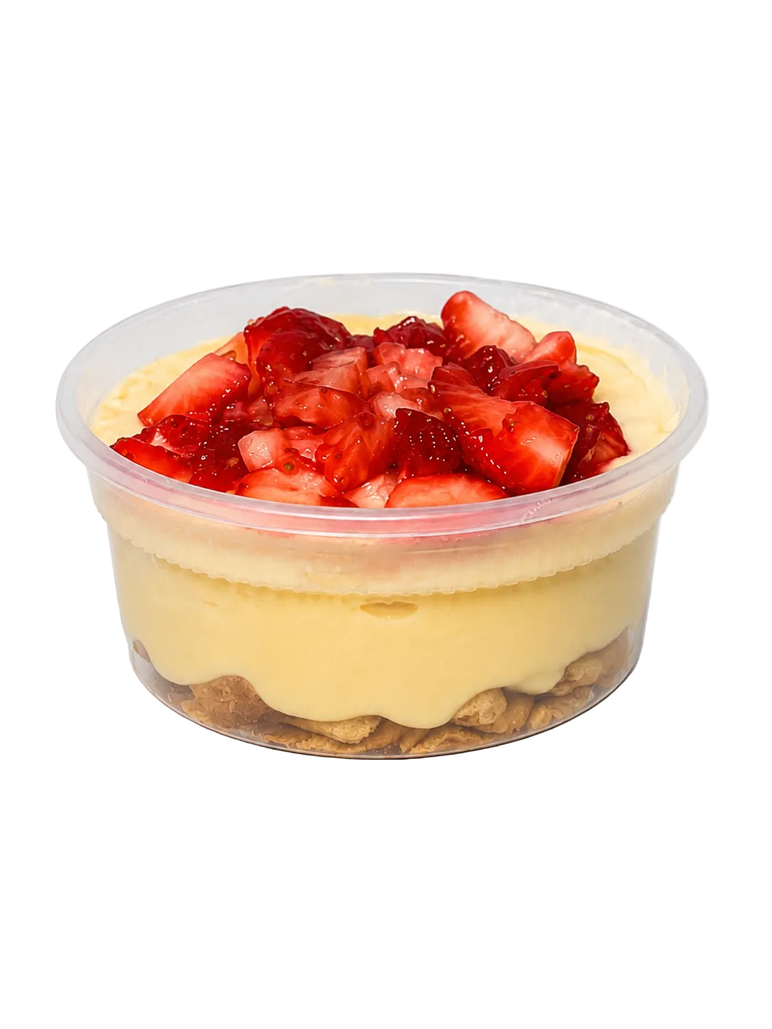 Banana pudding dessert in a clear container topped with strawberries on a white background