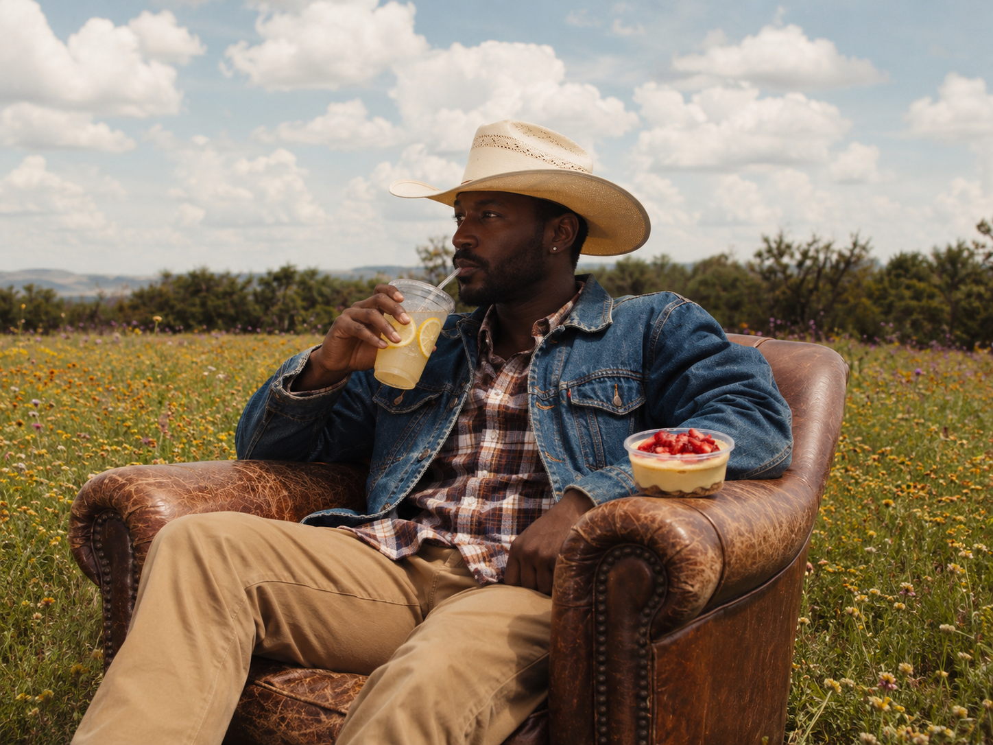Man sitting in a field with a cowboy hat, holding a drink and a bowl of fruit.