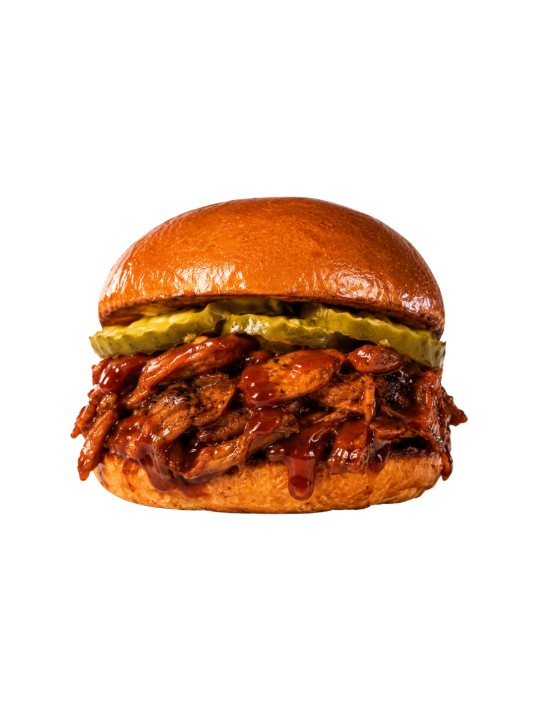 Burger with pulled meat, pickles, and a sesame seed bun on a white background